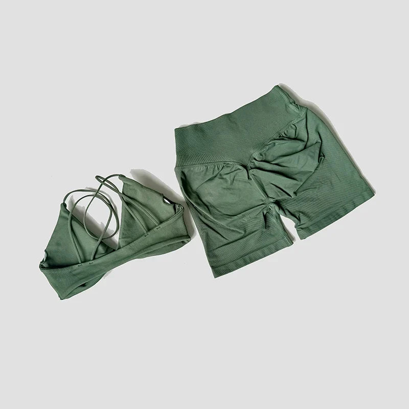 Women’s 2-Piece Gym Set – Strappy Twist Sports Bra & Cross Waist Ruched Shorts