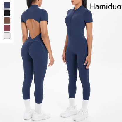 Short Sleeved Fitness Jumpsuit for Woman Bodysuits Backless Solid Color Scrunch One-Piece Suit Half Zipper Gym Yoga Sets Womens