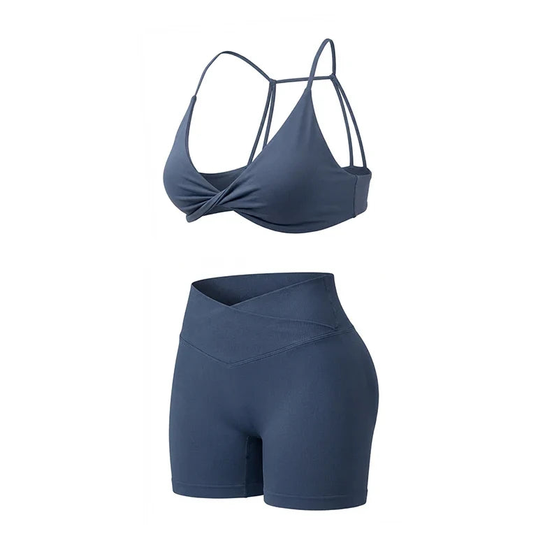 Women’s 2-Piece Gym Set – Strappy Twist Sports Bra & Cross Waist Ruched Shorts