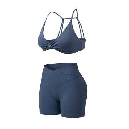Women’s 2-Piece Gym Set – Strappy Twist Sports Bra & Cross Waist Ruched Shorts
