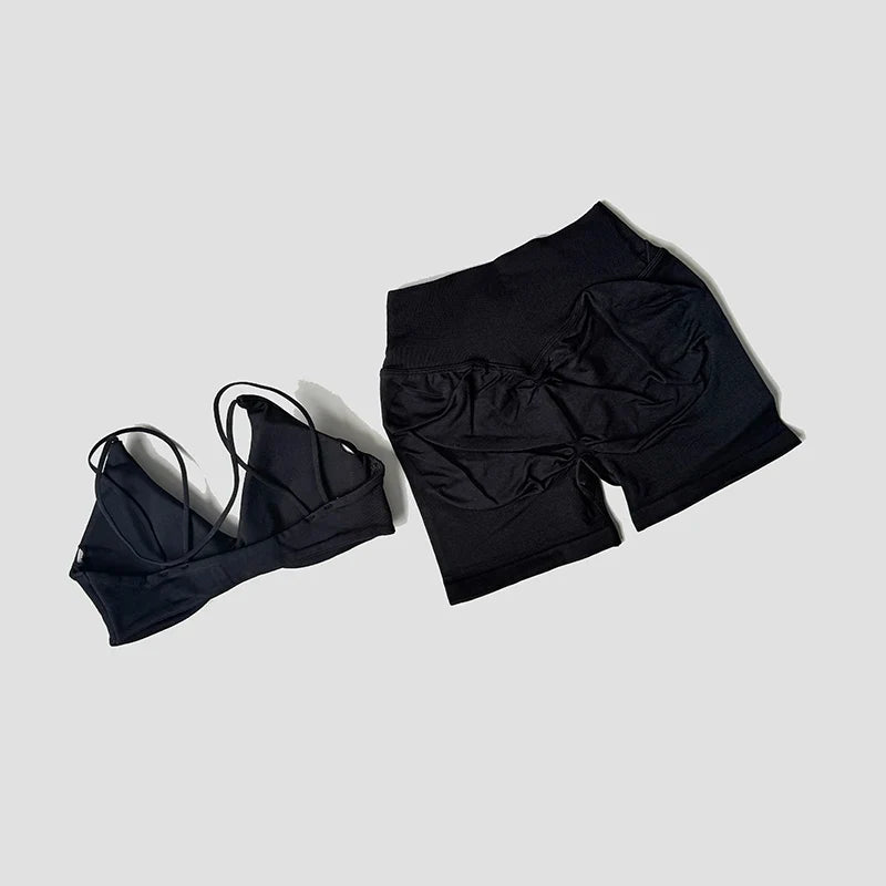 Women’s 2-Piece Gym Set – Strappy Twist Sports Bra & Cross Waist Ruched Shorts