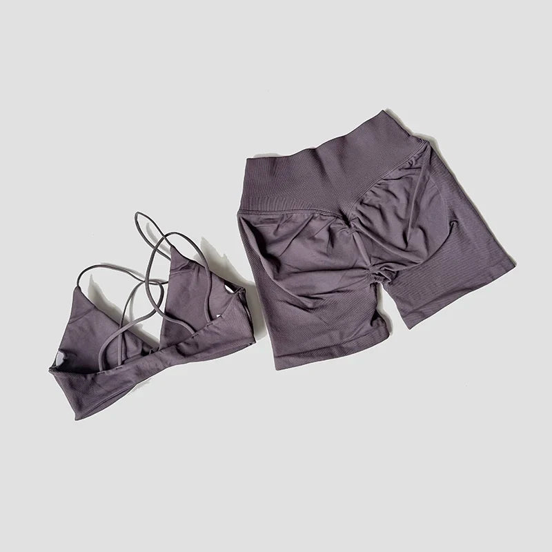 Women’s 2-Piece Gym Set – Strappy Twist Sports Bra & Cross Waist Ruched Shorts
