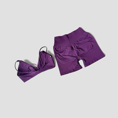 Women’s 2-Piece Gym Set – Strappy Twist Sports Bra & Cross Waist Ruched Shorts