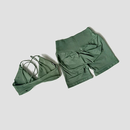 Women’s 2-Piece Gym Set – Strappy Twist Sports Bra & Cross Waist Ruched Shorts