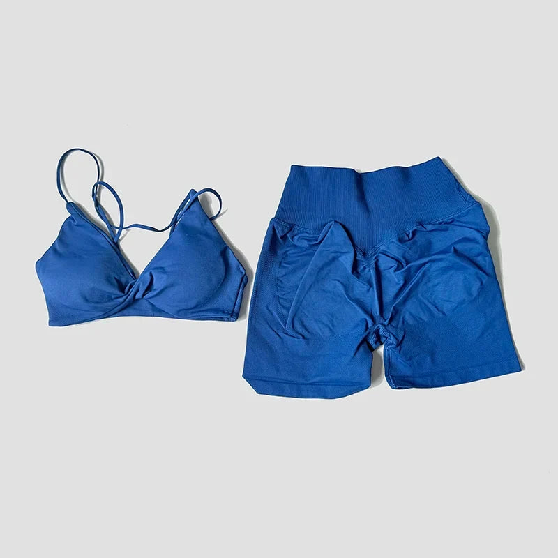 Women’s 2-Piece Gym Set – Strappy Twist Sports Bra & Cross Waist Ruched Shorts