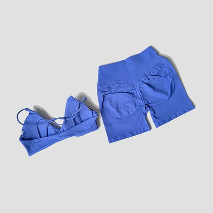 Women’s 2-Piece Gym Set – Strappy Twist Sports Bra & Cross Waist Ruched Shorts