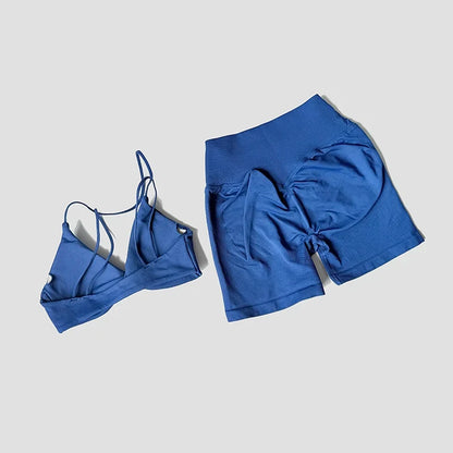 Women’s 2-Piece Gym Set – Strappy Twist Sports Bra & Cross Waist Ruched Shorts