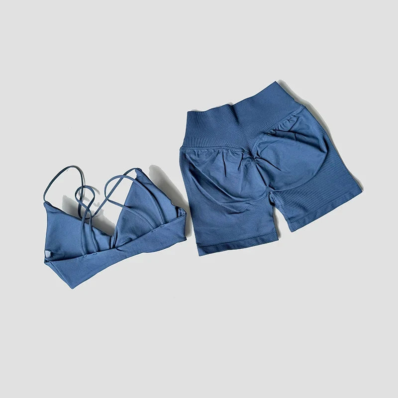 Women’s 2-Piece Gym Set – Strappy Twist Sports Bra & Cross Waist Ruched Shorts