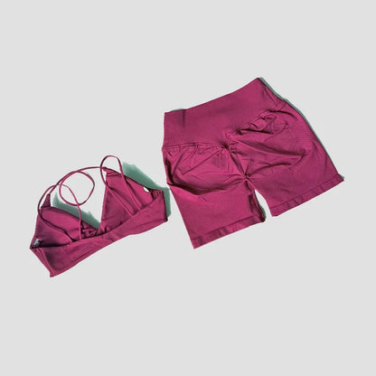 Women’s 2-Piece Gym Set – Strappy Twist Sports Bra & Cross Waist Ruched Shorts