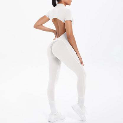 Short Sleeved Fitness Jumpsuit for Woman Bodysuits Backless Solid Color Scrunch One-Piece Suit Half Zipper Gym Yoga Sets Womens