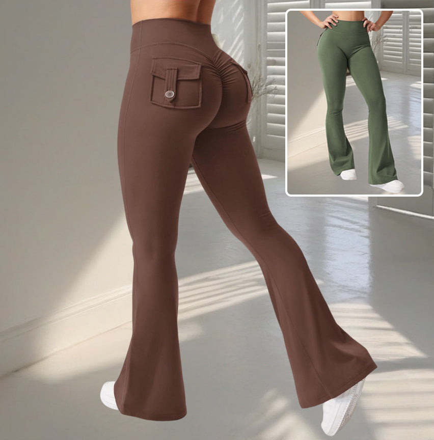 Yoga Fitness Flared Pants With Pockets Ins Fashion Slim High Waist Sports Trousers  Scrunch Butt Booty Workout Lifting Leggings-0